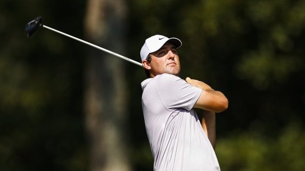 Aug 26, 2021; Owings Mills, Maryland, USA; Scottie Scheffler plays his shot from the second tee during the first round of the BMW Championship golf tournament. Mandatory Credit: Scott Taetsch-USA TODAY Sports